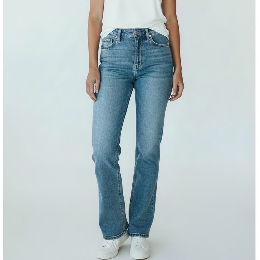L&M Denim Crafted Womens High Rise Flare Jeans Med Wash Blue Retro Boho 
Stretch